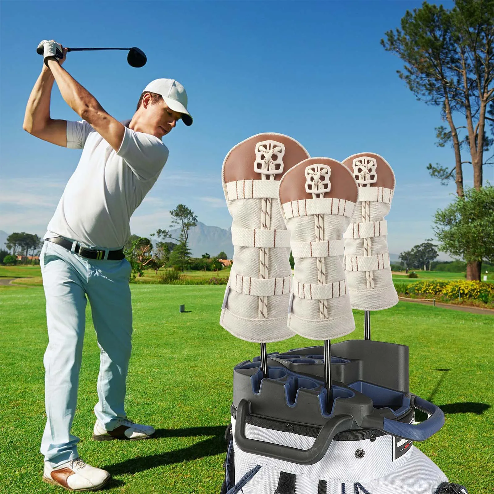 Fashion Buckle Canvas Golf Club Head Cover 1 3 UT Club Protectors Elastic Back Color Block Headcover with Soft Lining