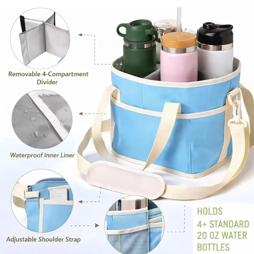 No-Spill Size 4 Compartment Drink Bag with Adjustable Strap Large Capacity Car Drink Carrier Bag Multiple Drink Stand