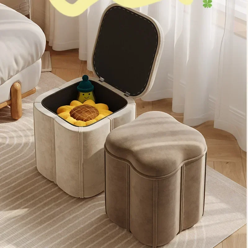 Nordic Clover Home Shoe Change Stool Soft Velvet Cloth Storage Box Light Luxury Multi-Use Stool Space-Saving Design