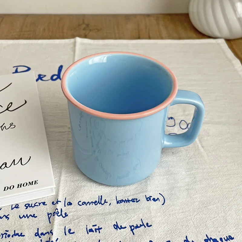 360ml Ceramic Coffee Mug Pink Splicing Blue Retro Couple 5.6Inch Bowl High Beauty Breakfast Plate 8.3Inch Cream Dessert Dish