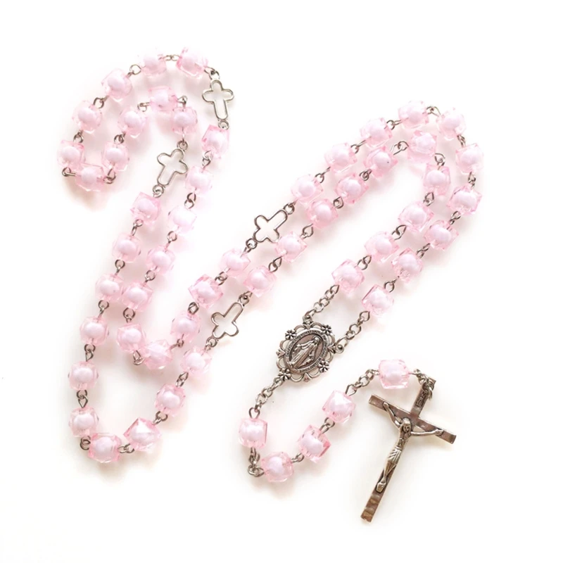 Pink Square Religion for Cross Rosary Necklace Hanging Pendant for Women Men Praying Meditation Gift Supplies