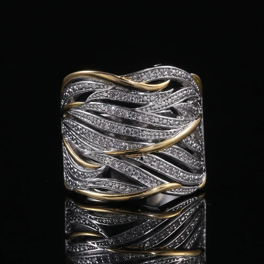 Micro Inlaid Zircon Wrapped Multi-layer Gold Dual Color Ring for Women