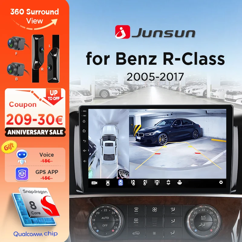 Junsun 360 °   Caméra panoramique autoradio 8 cœurs pour Mercedes Benz classe R 2005-17 écran CarPlay sans fil Android Auto stéréo Navi