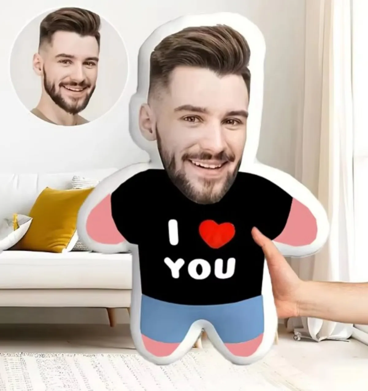 Maßgeschneidertes „I Love You“-Gesichtsporträt, doppelseitig bedrucktes Dekokissen, ist ein ideales Geschenk für Geburtstags- oder Festivalfeiern