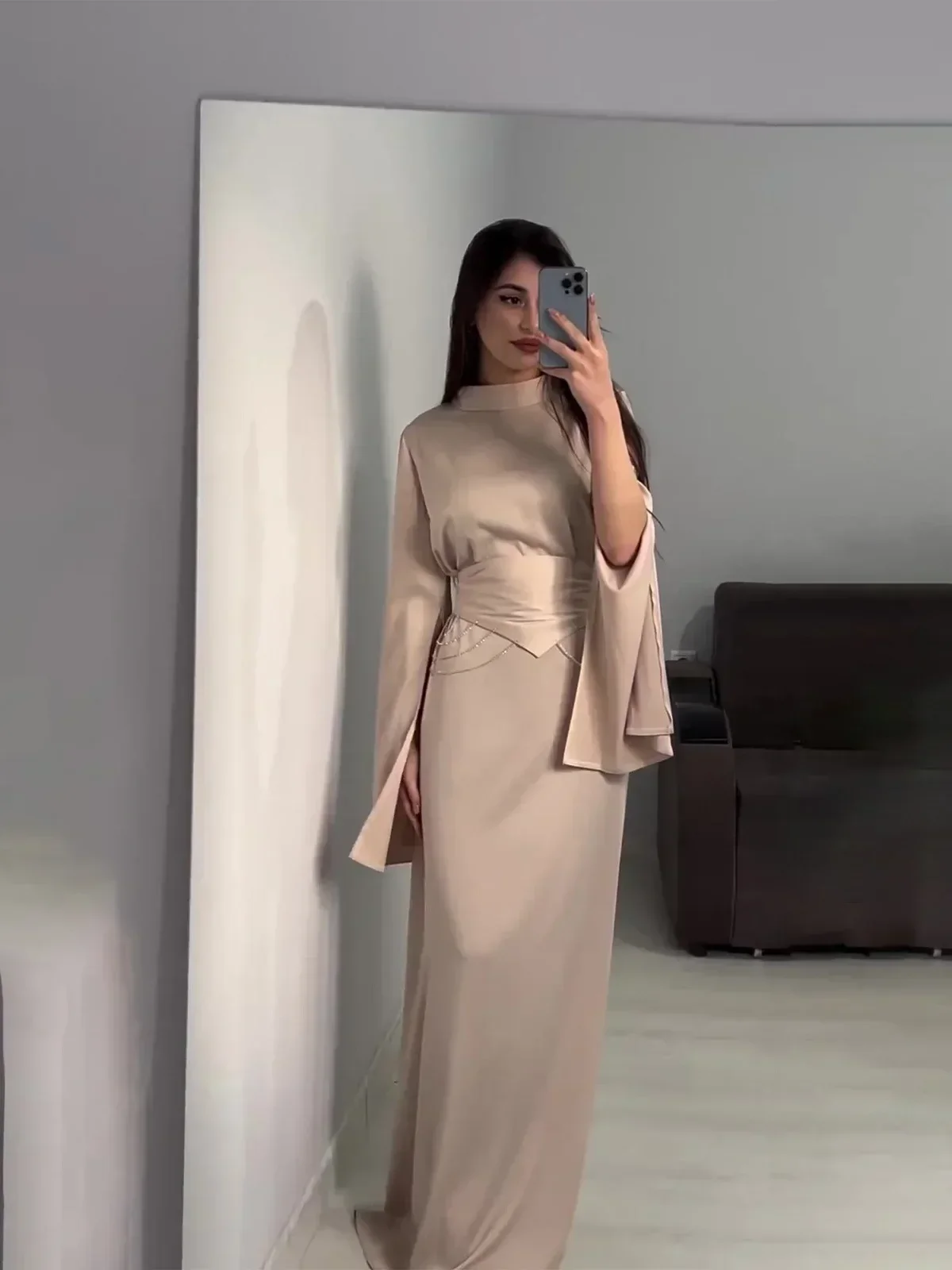 Elegante senhora cetim vestido longo meia gola alta alargamento mangas festa bodycon vestido streetwear sólido magro vestidos de noite para mulher