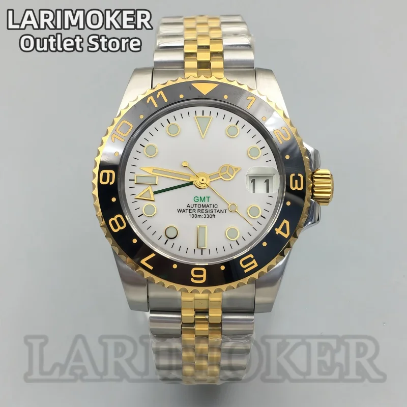 LARIMOKER 40mm Gold and Silver GMT Diving Automatic Watch NH34 Movement Sapphire Crystal White Dial Gold Markers C3 Green Lume