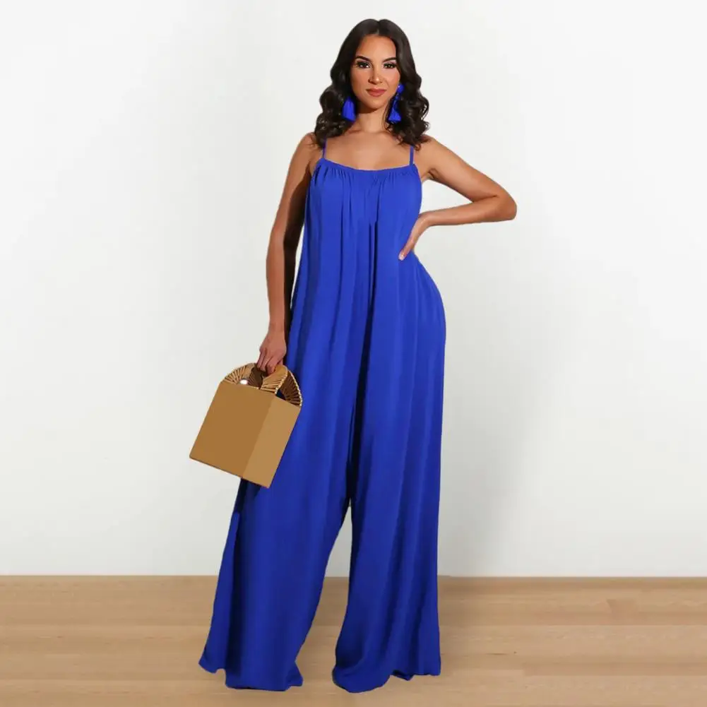 Wide-leg Jumpsuit Elegant Backless Wide Leg Jumpsuit for Women Spaghetti Strap Pleated Crotch Solid Color Full Length Vacation