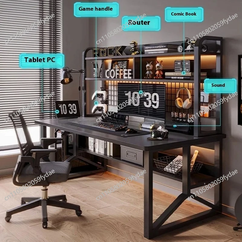 Black Wide Students Study Desk Modern Office Sturdy PC Desk with Shelf Y-Shaped Metal Frame Gaming Computer Table for Home Gamer