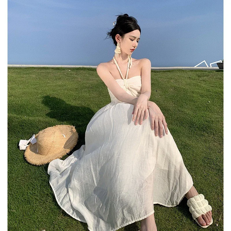 Ele Travel Vaion Dr Hanging Ne Strapl Skirt High Waist A-Line Polyester Summer 2023 Busin Home Use