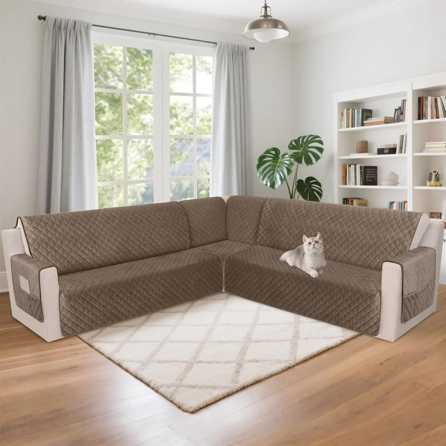 Wodoodporny pokrowiec na narożną sofę modułową, aksamitny pokrowiec na sofę w kształcie litery L, chroniący przed zwierzętami, antypoślizgowy, jasnobrązowy, XX-Large