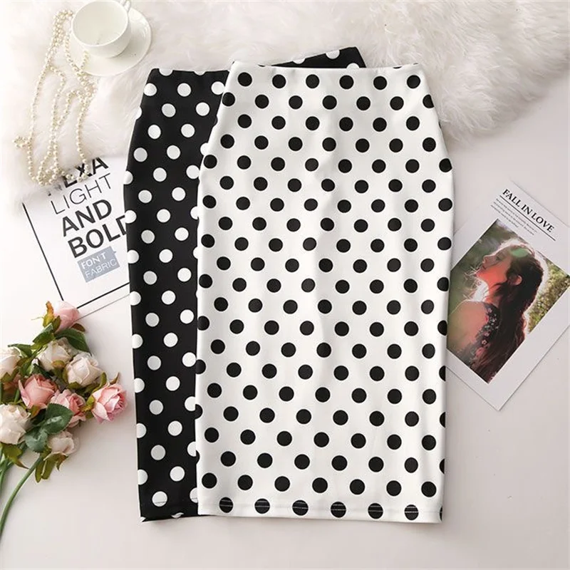

Oversized Black Korean Style Split Midi Skirt for Women High Waisted Polka Dot Print Office Lady Bodycon Work Skirt Streetwear