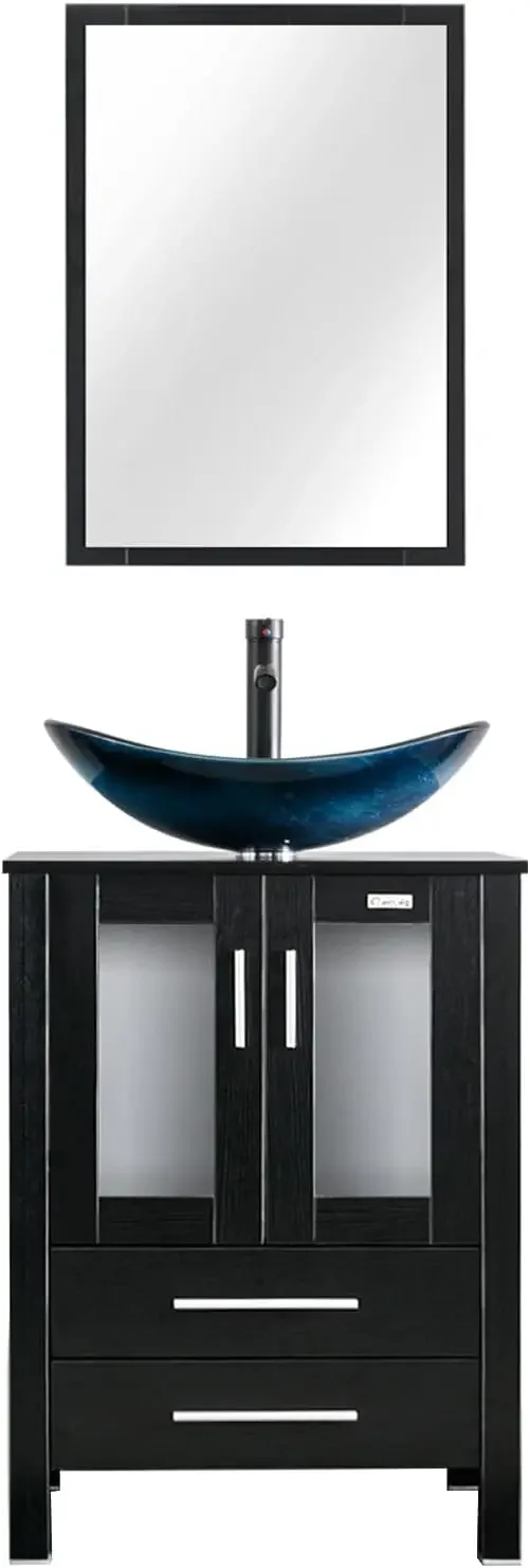 

24" Modern Bathroom Vanity Sink Combo Black Stand Cabinet with Blue Boat Tempered Glass Vessel Sink & Water Save Faucet