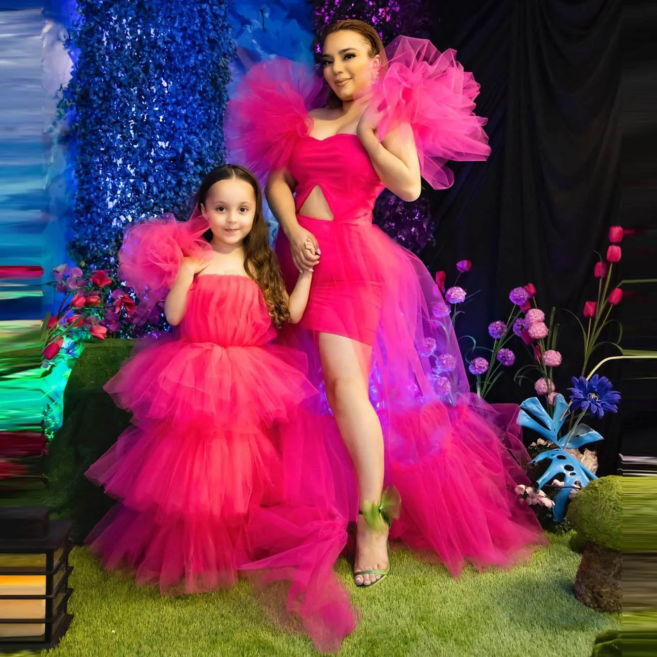 Fuchsia Mum and Daughter Party Dress Tulle Sexy Mother Daughter Matching Dress Tiered Sexy Family Look Gowns