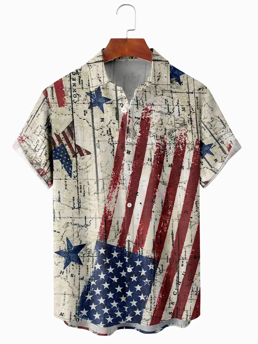 

New Men's Casual Short Sleeve Pentagram Hawaiian Shirt American Flag Print with Chest Pocket Summer Streetwear