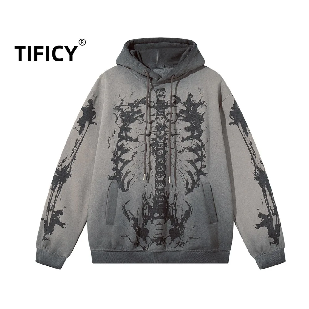 

TIFICY Autumn Hooed Sweatshirts Men's New Street Washed Hoodie with Dark Skeleton Skeleton Streetwear Casual Hooded Sweatshirt