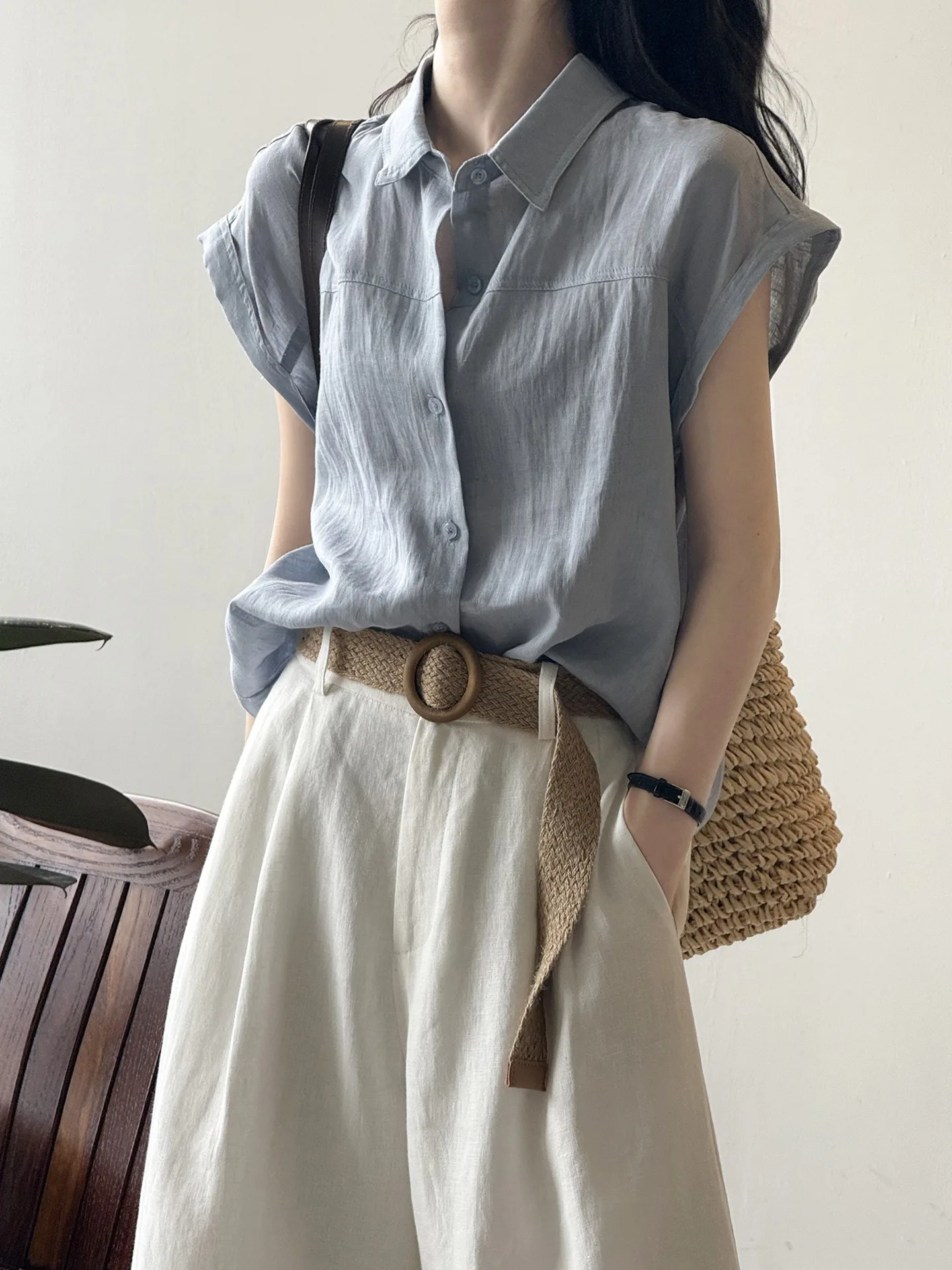 Blusa Holgada de Lino Azul para Mujer, Estilo Coreano, Tendencia Old Money, para el Trabajo o el Tiempo Libre