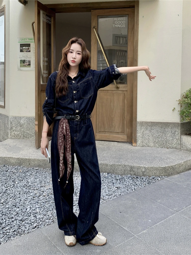 

Retro American Casual Denim Overalls Women's Spring Autumn Slimming High Waist Long Pants Comfortable Fit Straight Leg Jumpsuit