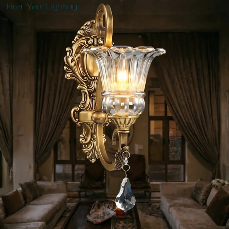 Vintage Brass Ornate Antique Wall Lamp, Crystal Drop, Clear Glass Shade for Living Room & Bedroom
