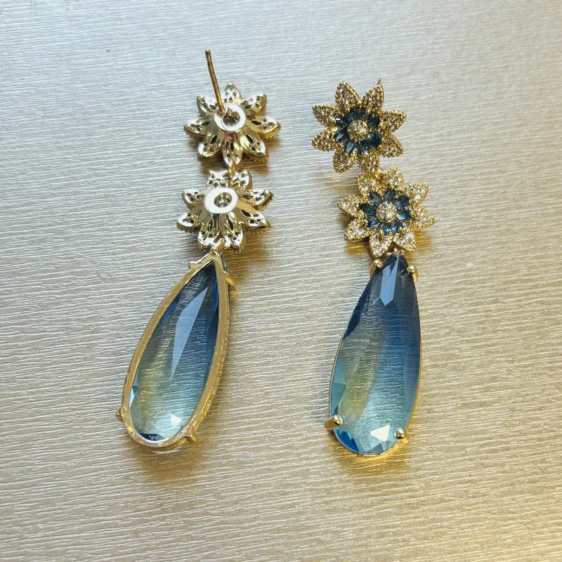 Bilincolor Fashion Flower Blue Cubic Zircon Long Big Drop Earring for Women Wedding Bridal Jewelry Gift