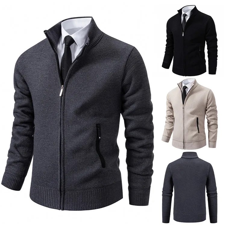 

Thiened Autumn Winter Zipper Stand Collar Slim Fit Muscle Men's Fitn Casual Knitted Sweater Jaet Striped Outerwear