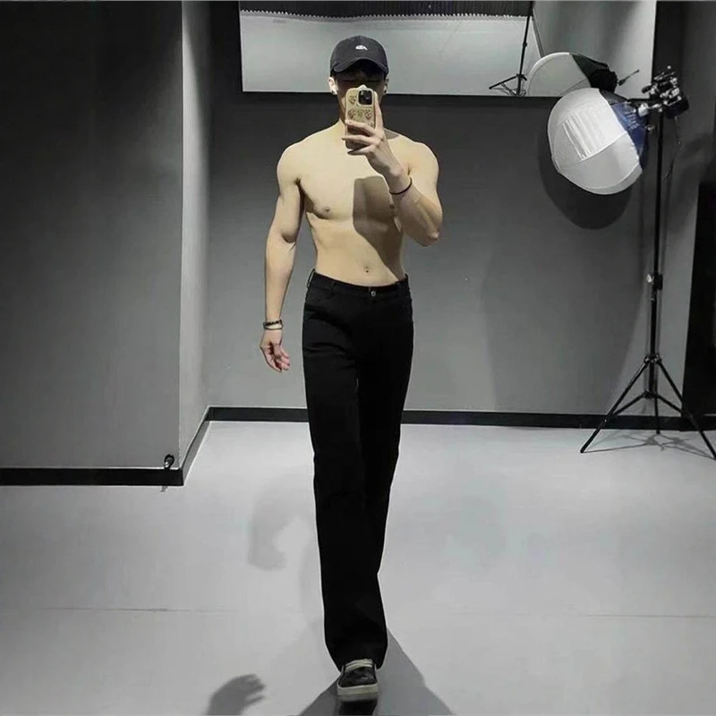 Slim Fit Men's Jeans High Waist Straight Leg Extended Length Tall Size Spring Autumn Slimming Effect Nine Point Flared Pants