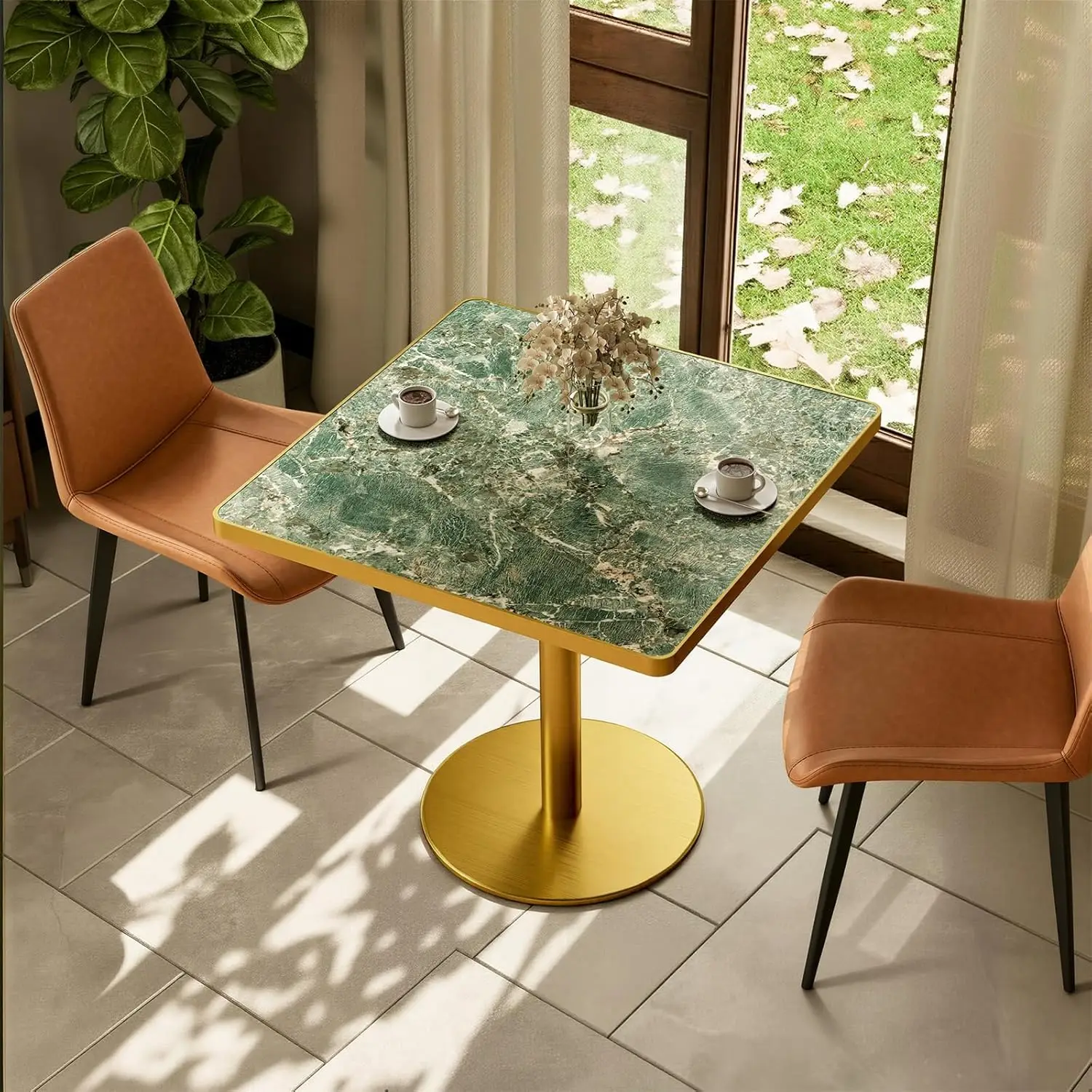 

31.5" Square Tulip Table with 1.2" Thick Emerald Forest Sintered Stone Top (Natural Stone Look) & Brushed Gold, Customized