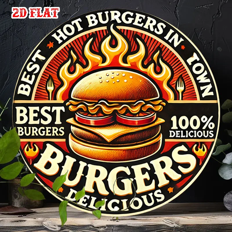 2D Flat - One-Piece Round Sign with a Hot Flame Design, a Beloved Metal Sign for The Town, Measuring  Ideal for Burger