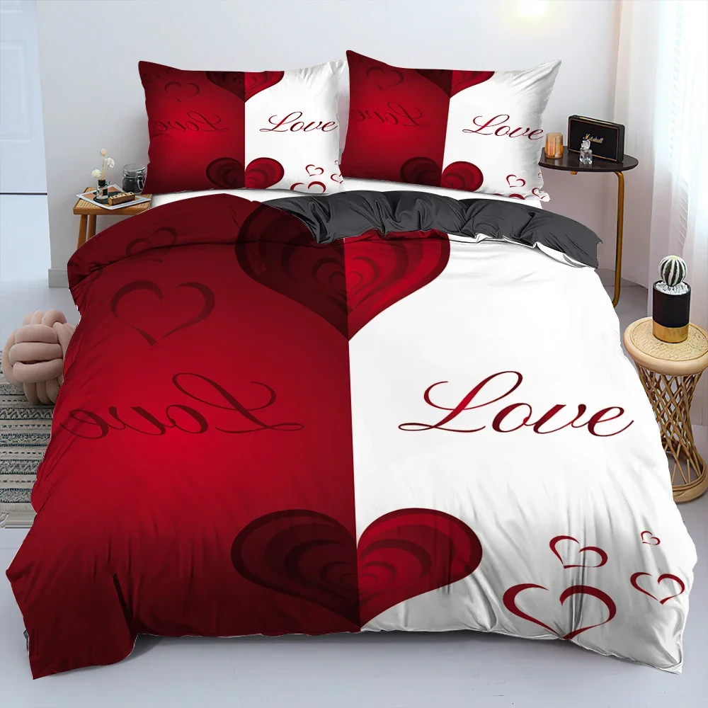 Valentine's Day 2/3Pcs Couple Love Quilt Cover Bedding Set Creative Red & White Heart-shaped Duvet Cover Pillowcase King Queen