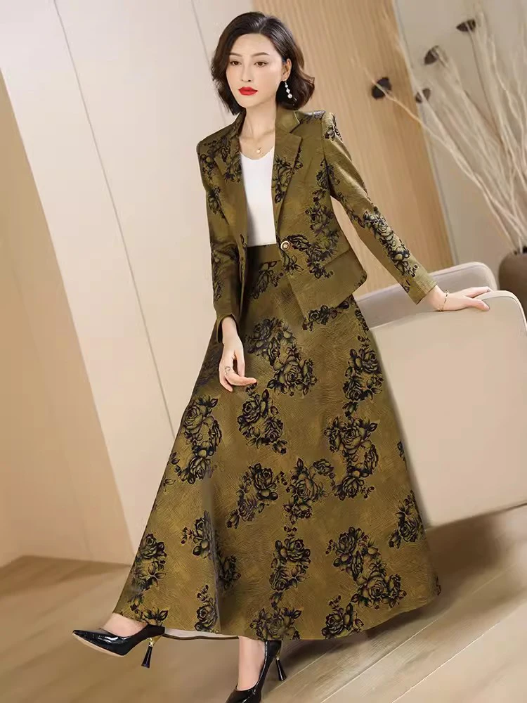 New Women Exquisite Floral Skirt Suits Spring Autumn Fashion Elegant Single Button Slim Blazer and Long Skirt Two Pieces Set