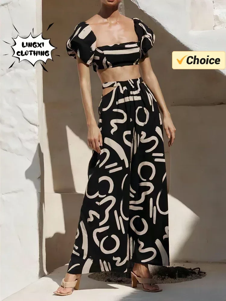 New Elegant Women's Set Short Bubble Sleeve Top Hollow Large Swing Long Dress Split Body Dress Style Fashion Two Piece Set