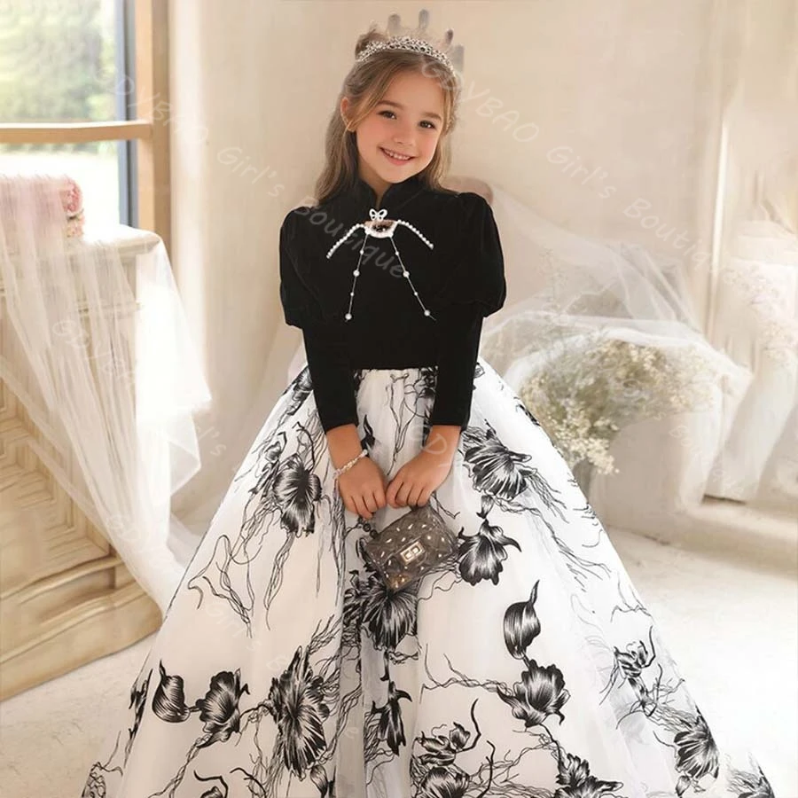 맞춤형 꽃무늬 프린트 플라워 걸 드레스 하이넥 풀 슬리브 A라인/프린세스 플로어 길이 어린이 파티 드레스 비딩 장식