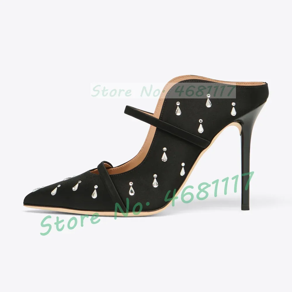 Black Satin Pointed Toe Mules Women Elegant Clear Crystals Decor High Heels Shoes Ladies Double Strap Sparkly Stiletto Slippers