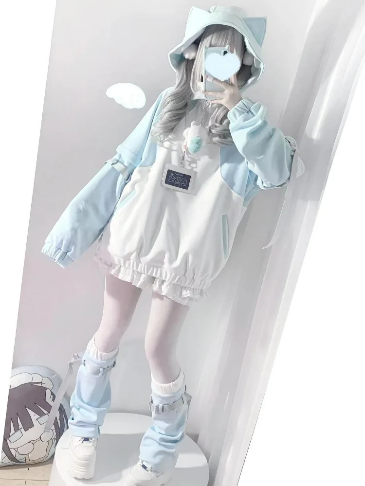 

Y2k Japanese Contrast Cat's Ears Hoodies Women Aesthetic Patchwork Grunge Coat Loose Detachable Sleeve Sweatshirt And Leg Warmer