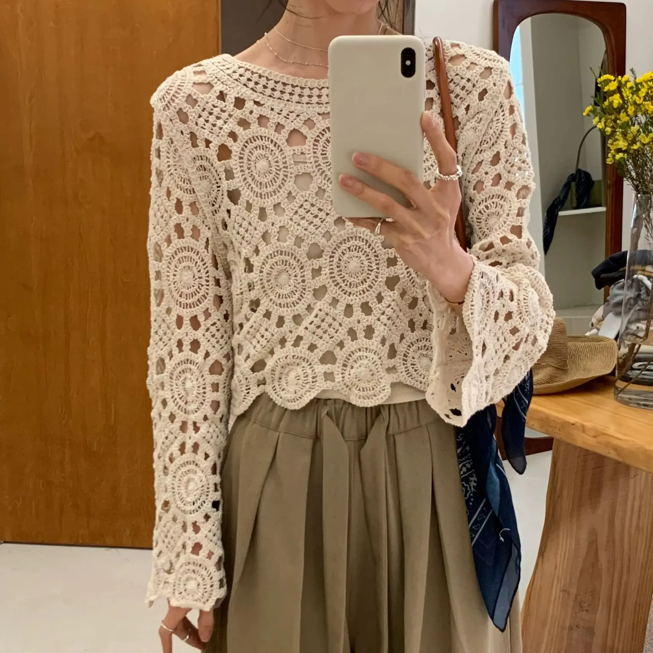 Long Sleeve Crochet Knit Top Women Open-work Guipure Lace Blouse Tops French Style Spring Summer Hippie Boho Chic