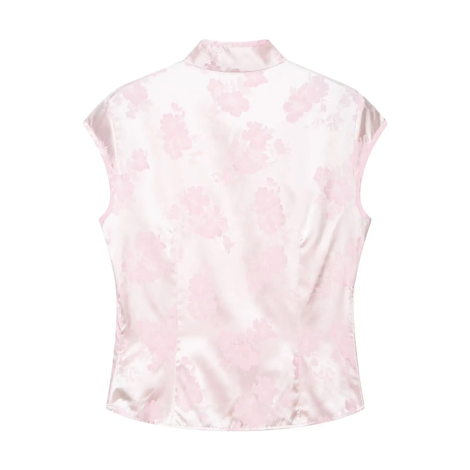 BSAY Chinese Style Floral Jacquard Satin Blouse Women Summer Stand Collar Cap Sleeve Top Elegant Qipao Style Button Down Shirt view 2