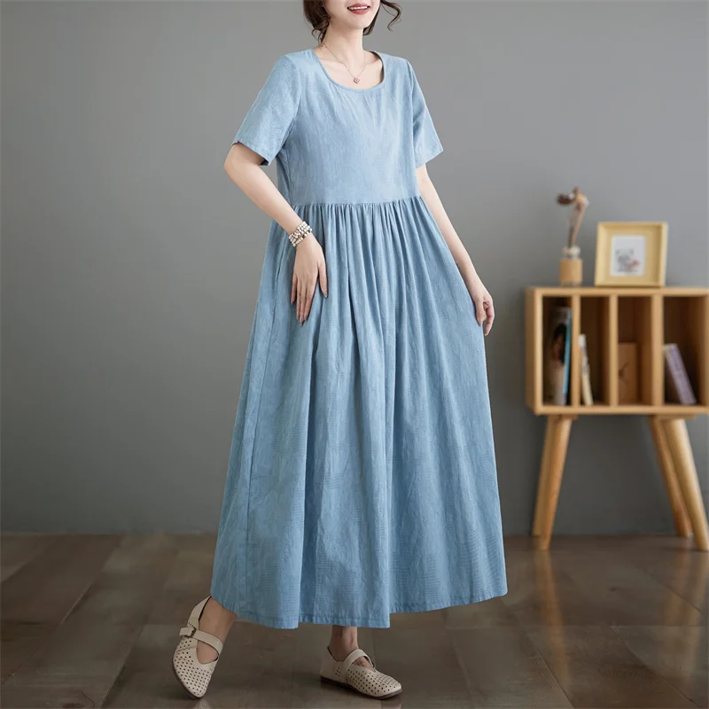 Rétro Floral Coton Lin Or Sve Dr Femmes Été Grande Taille Lâche Viande Couvrant Minceur Jupe Longue Coréenne Sle A-Line...