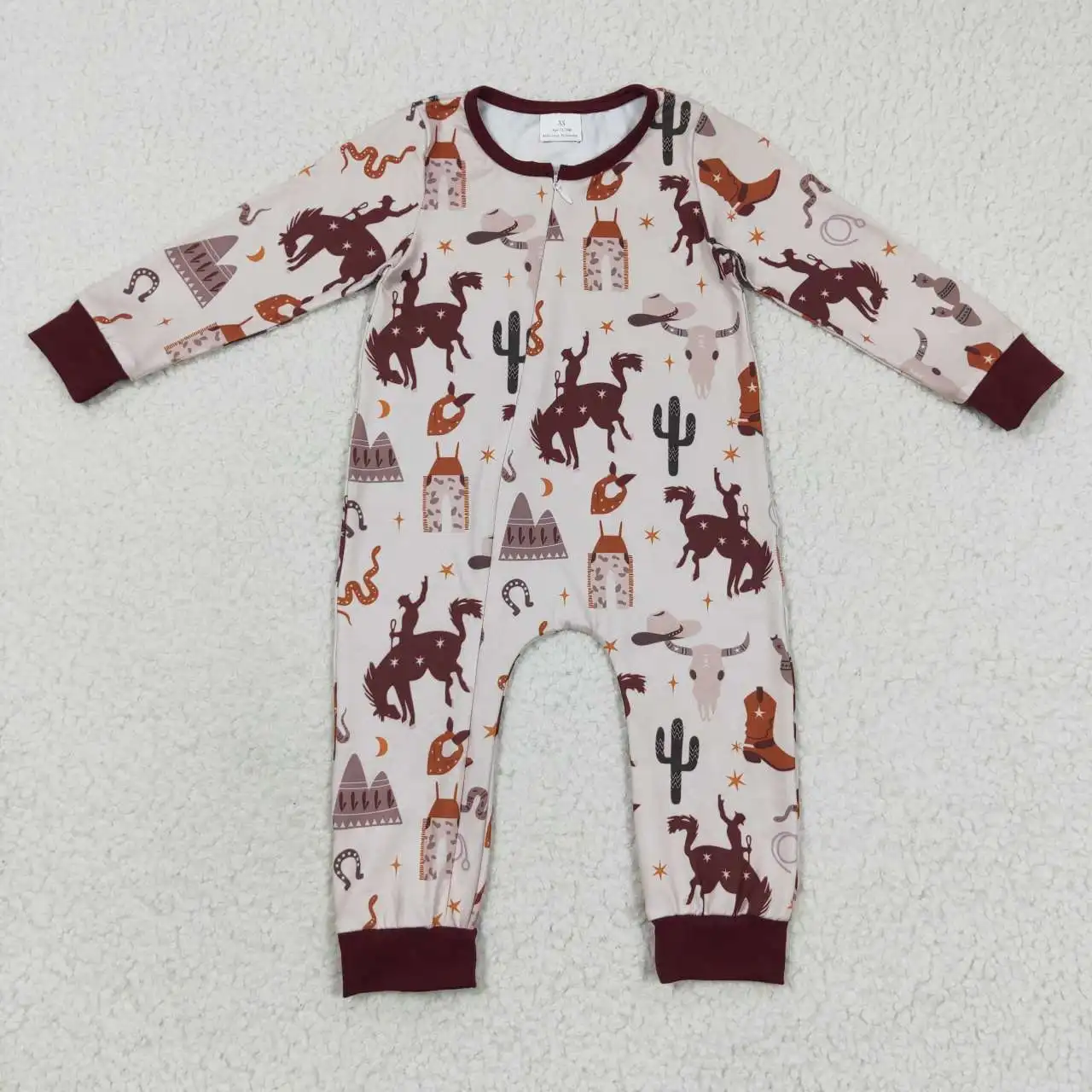 Boys western style design bull head cactus print zipper autumn winter boys romper wholesale boys infant rompers