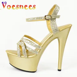 Cinturino alla caviglia in oro tacchi Super alti 2023 sandali da donna con fascia sottile 15CM piattaforma impermeabile scarpe da donna décolleté per feste estive di lusso