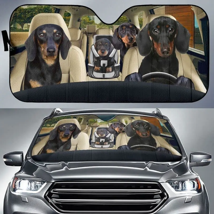 Funny Dachshund Family Left Hand Drive Car Sunshade for Doxie Owner, Fawn Dachshund Dogs Driving Auto Sun Shade, Gift for Dachsh