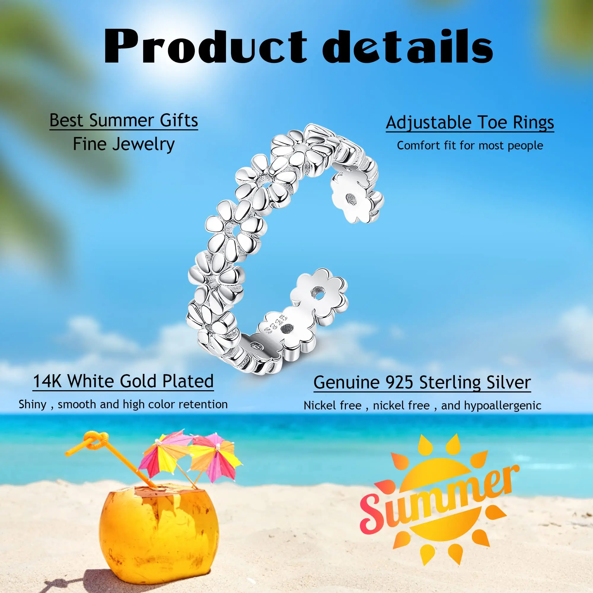 S925 Sterling Silver Toe Rings for Women, Adjustable Design