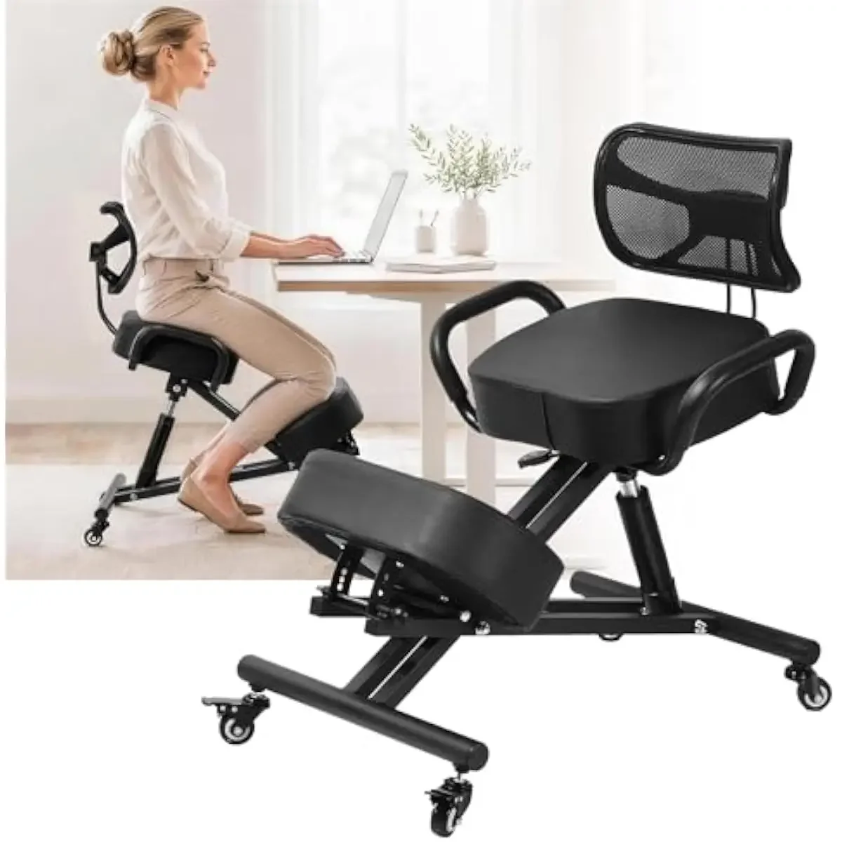 Ergonomic kneeling stool with adjustable height and curved backrest, breathable mesh cushion, 4-position seat and leg support, a