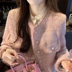 Korean Style Vintage Tassels Elegant Lady Tweed Jackets Pink Long Sleeve Suit Coat Women Autumn Winter Short Blazers Female YL6