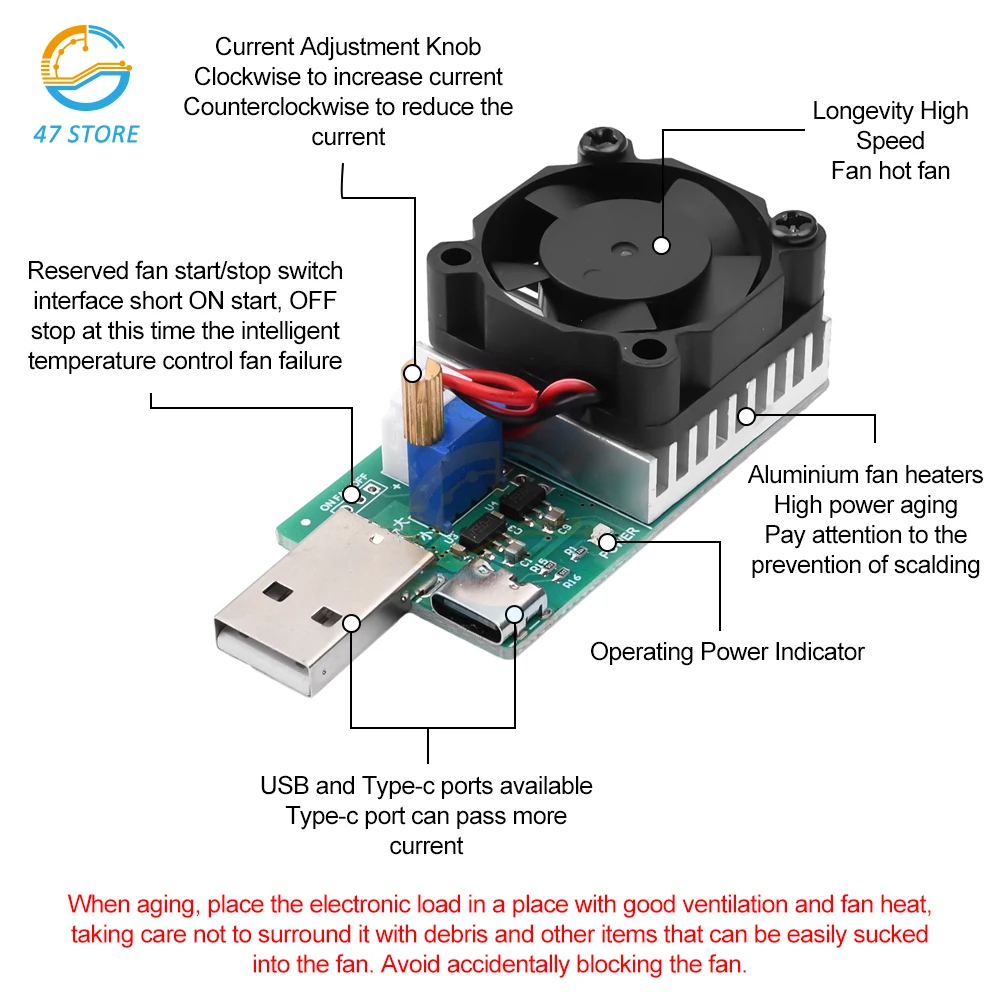 22W 18.5W Electronic Test Load Resistor USB Interface Battery Discharge Capacity Tester with Fan Adjustable Current Module