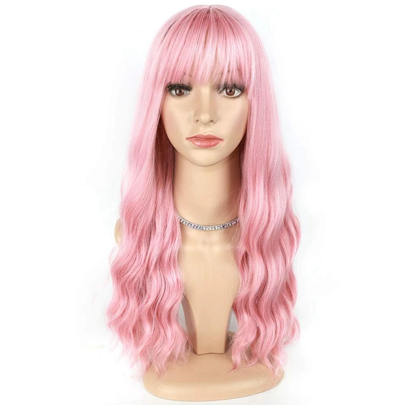 Pink Wig With Bangs Long Wavy Wig With Air Bangs Silky Full Heat Resistant Wig Hair Replacement Natural Looking Wig