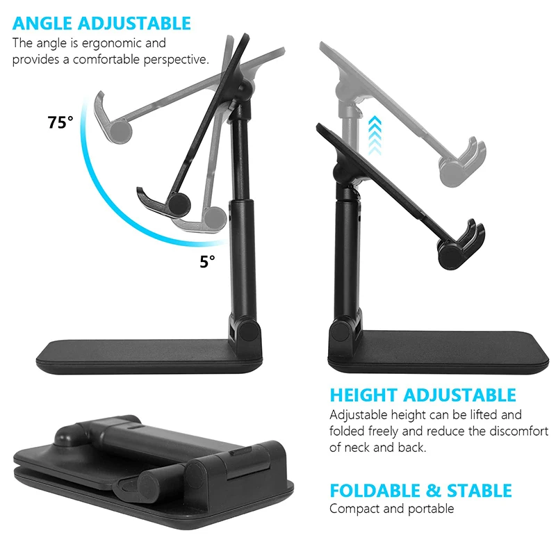 Soporte plegable para teléfono, ángulo y altura ajustables con almohadilla de silicona, adecuado para escritorio, totalmente plegable, Compatible