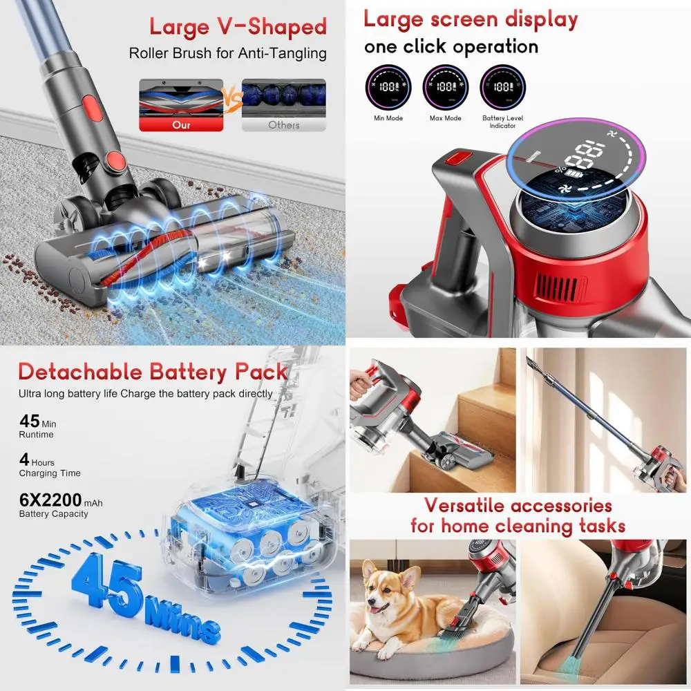 

Rechargeable Cordless Stick Vacuum, 35Kpa Suction, Detachable Battery, 45 Mins Run Time, LED Display, 8-in-1 for Floors & Carpet