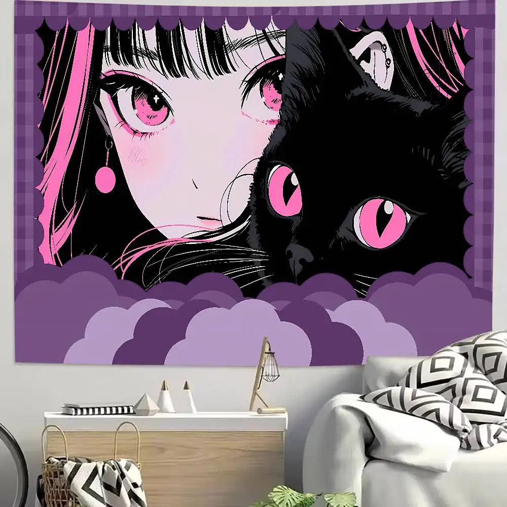 Pretty Cat And Girl Tapestry Bedroom Wall Hanging Fabric Living Room Home Dorm Decor Art Home Decor