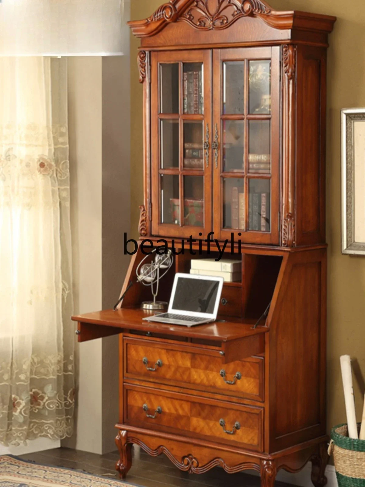 

ss Bookcase desk integrated combination solid wood two doors carved locker multi-functional bookcase with glass door