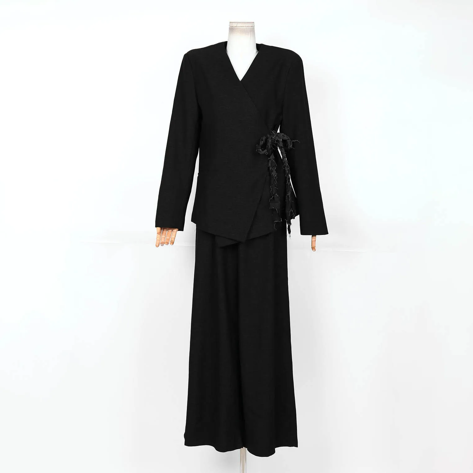 

Весенний женский коричневый топ с запахом и v-образным вырезом, длинными рукавами, поясом с кисточками и широкими брюками, элегантный комплект офисной женской одежды