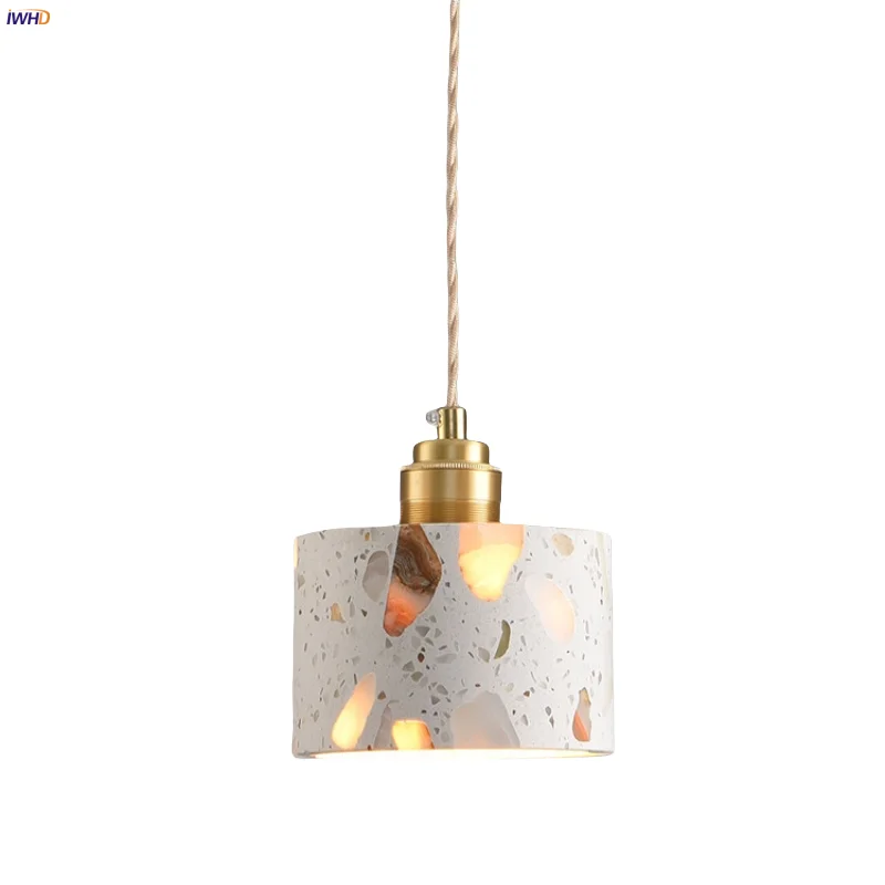 

IWHD Copper Socket LED Pendant Light Fixture Hallway Aisle Kitchen Wabi Sabi Creative White Terrazzo Stone Hanging Lamp Lamparas